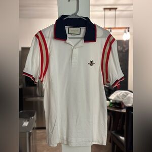 Gucci White Polo with Red Stripes and Navy Collar